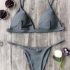 Spaghetti Straps Plunge Thong Bikini Set - Gray