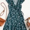 Tiny Floral Ruffle Mini Wrap Dress - Beetle Green L