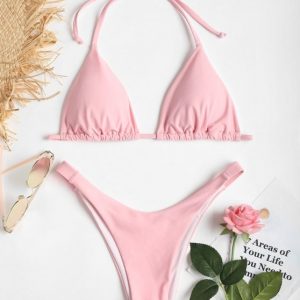 Cheeky Halter High Cut Bikini Set - Pig Pink