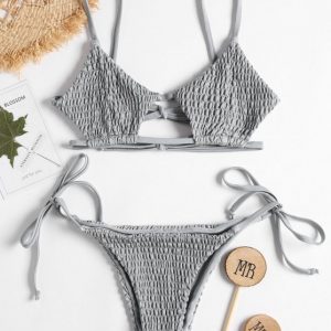 Keyhole Smocked String Bikini - Light Gray