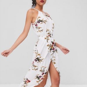 Cut Out Floral Overlap Dress - White L