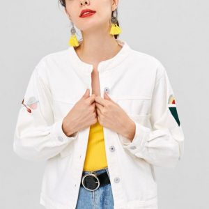 Button Up Embroidered Patched Denim Jacket