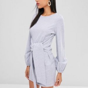 Mini Front Knot Long Sleeve Dress - Light Gray Xl