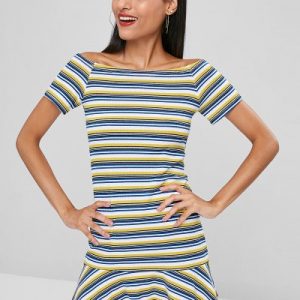 Off Shoulder Ribbed Striped Dress - Multi M