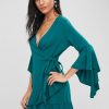 Bell Sleeve Ruffle Surplice Dress - Medium Aquamarine