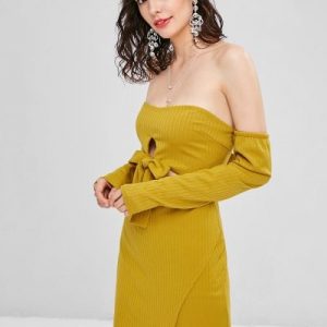 Cut Out Off Shoulder Long Sleeve Dress - Golden Brown M