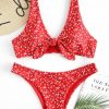 Tiny Floral Low Waisted Knot Bikini Swimsuit - Fire Engine Red