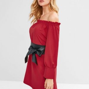 PU Belted Off Shoulder Dress - Lava Red L