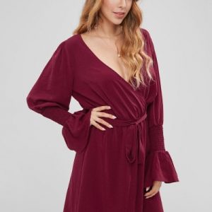 Surplice Flare Sleeve Plunge Dress - Red Wine