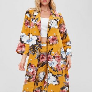 Floral Print Lapel Piping Cardigan