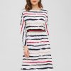 Long Sleeve Slit Striped Dress - White M