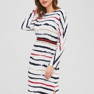 Long Sleeve Slit Striped Dress - White M