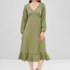 Midi Flounce Long Sleeve Dress - Khaki