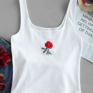 Rose Embroidery Ribbed Tank Top