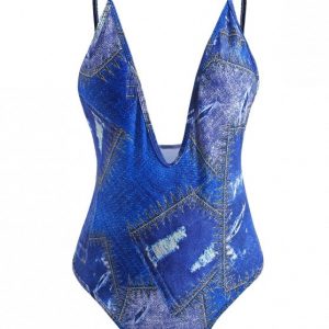 Denim Print Plunge Swimsuit