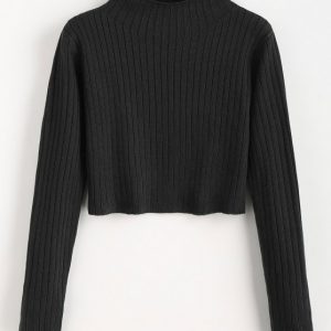 Mock Neck Ribbed Sweater - Black S