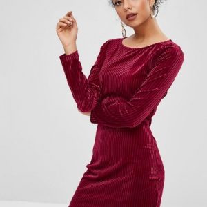 Long Sleeve Velvet Tight Dress - Red Wine S