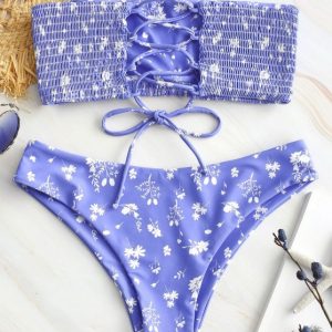 Floral Print Lace-up Smocked Bikini Set