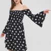 Polka Dot Flare Sleeve Off Shoulder Dress - Black L