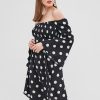 Polka Dot Flare Sleeve Off Shoulder Dress - Black L