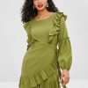 Plain Ruffles Overlap Dress - Avocado Green