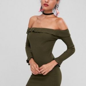 Off Shoulder Ruffles Fitted Dress - Army Green 2xl