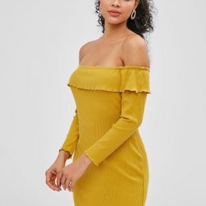 Overlay Ribbed Off Shoulder Dress - Golden Brown L