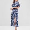 Leaves Print Slit Off Shoulder Dress - Dark Slate Blue L