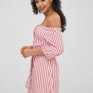 Button Up Stripes Off Shoulder Dress - Cherry Red M