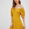 Polka Dot Off Shoulder Ruffled Dress - Bee Yellow S