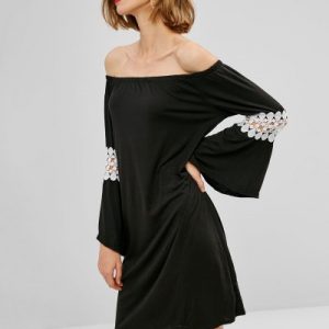 Off Shoulder Crochet Panel Dress - Black S