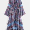 Flounce Flare Sleeve Crochet Panel Dress - Slate Blue M