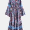 Flounce Flare Sleeve Crochet Panel Dress - Slate Blue M