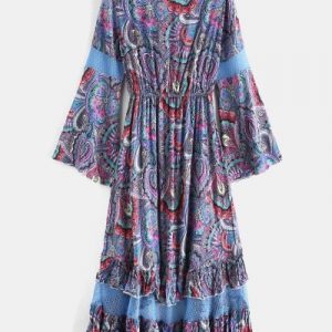 Flounce Flare Sleeve Crochet Panel Dress - Slate Blue M