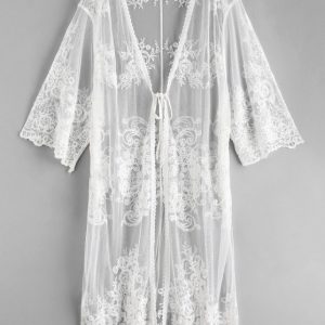 Lace Tie Front Longline Kimono Cover Up