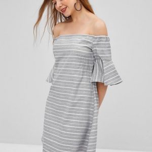 Cut Out Stripes Off Shoulder Dress - Light Gray M