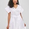 Belted Faux Pearls Ruffles Dress - Milk White M