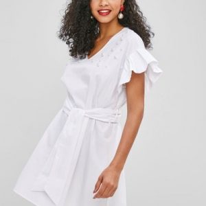 Belted Faux Pearls Ruffles Dress - Milk White M