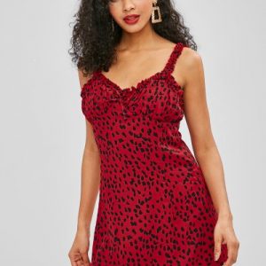 Leopard Ruffle Mini Dress - Cherry Red S