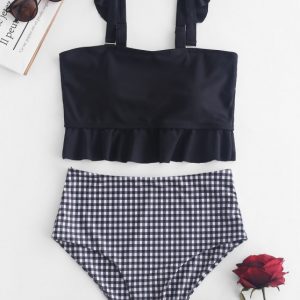 Plaid Ruffle High Waisted Tankini Set