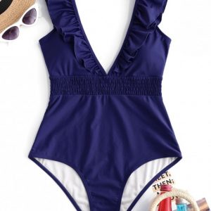 Ruffle Shirred Plunge Swimsuit