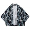 Waves Cranes Print Kimono Cardigan