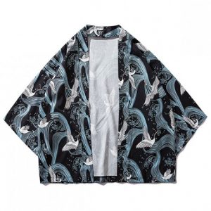 Waves Cranes Print Kimono Cardigan