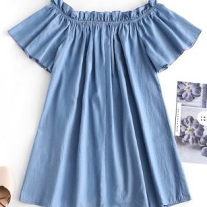 Frilled Off Shoulder Short Chambray Dress - Blue Gray M