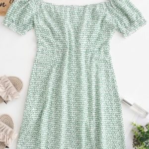 Off Shoulder Button Up Frilled Mini Dress