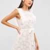 Belted Scalloped Mini Lace Dress - White M