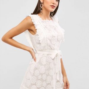 Belted Scalloped Mini Lace Dress - White M