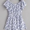 Leaf Print Elastic Waist Wide Leg Romper - White L