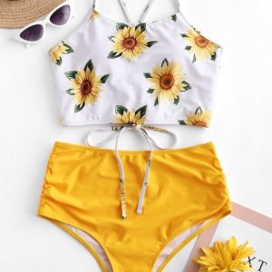 Crisscross Ruched Sunflower Tankini Set