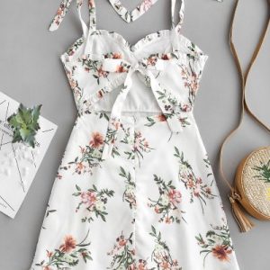 Tied Straps Floral Ruffles Mini Dress - White M